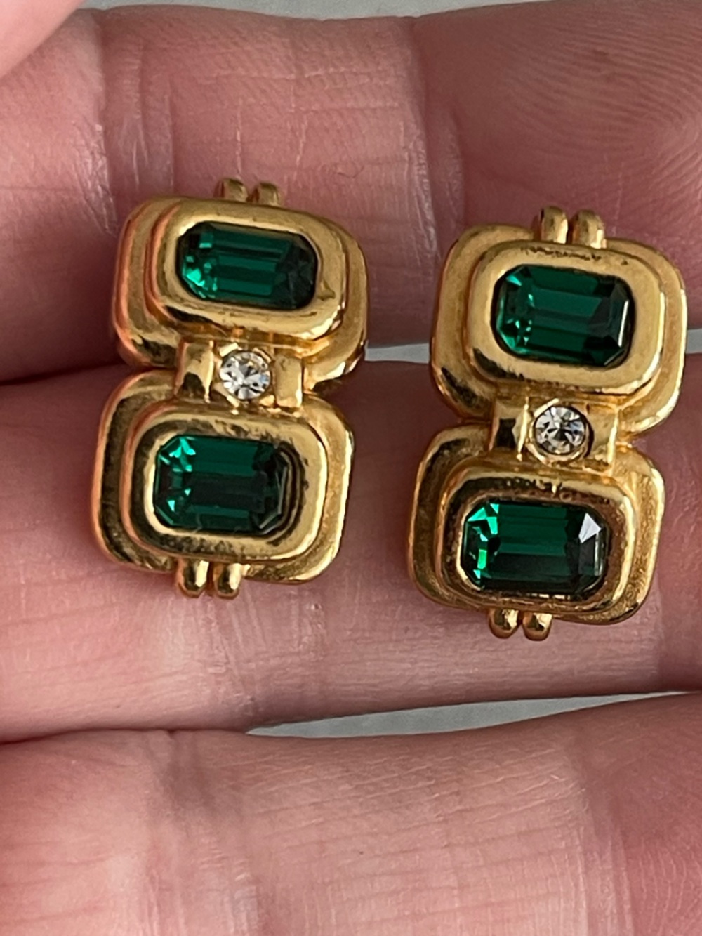 Gold-Tone Earrings with Emerald Green Stones and Clear Accent